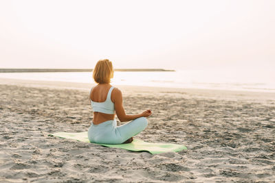 Rear view of woman sitting at beach