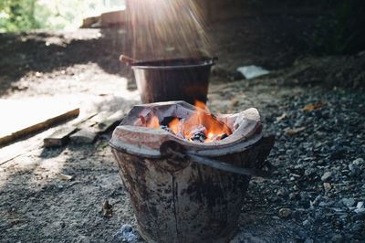 Close-up of fire on log