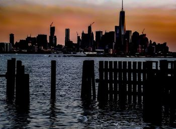 View of skyscrapers at sunset