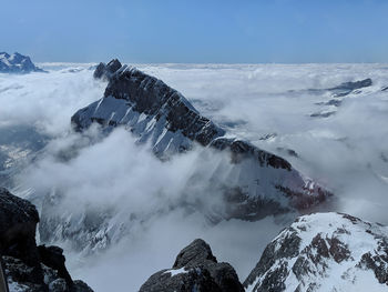 Panoramic view of snowcapped mountains against sky