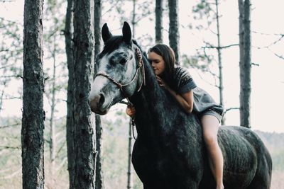 Young woman sitting on horse in forest