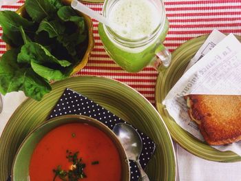 High angle view of soup in bowl on table