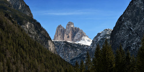 Low angle view of snowcapped mountains against sky