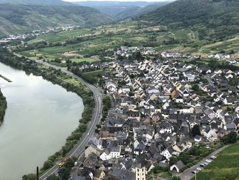 High angle view of river amidst landscape at bremm ediger-eller at the top of bremmer calmont