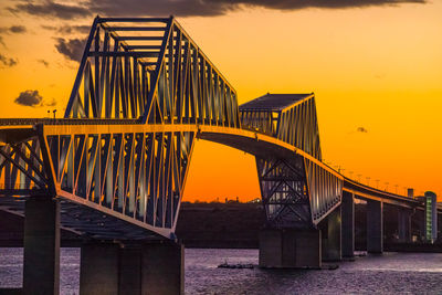 Bridge over sea against sky during sunset