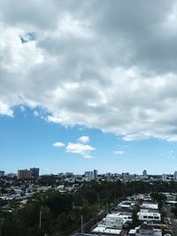 High angle view of buildings in city against sky