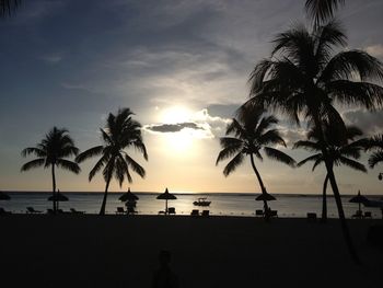 Silhouette palm trees on beach against sky during sunset