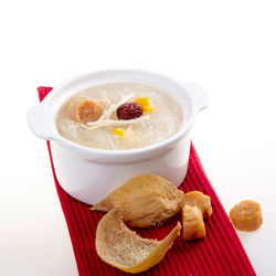 High angle view of soup in bowl on table