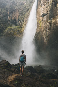 Rearview of a young woman looking at the waterfall while standing in a forest, queensland, australia.