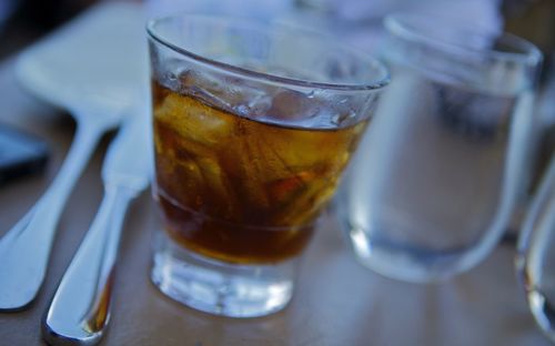 Close-up of beer in glass on table