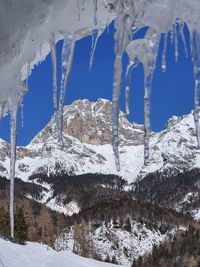 Low angle view of icicles on mountain against sky