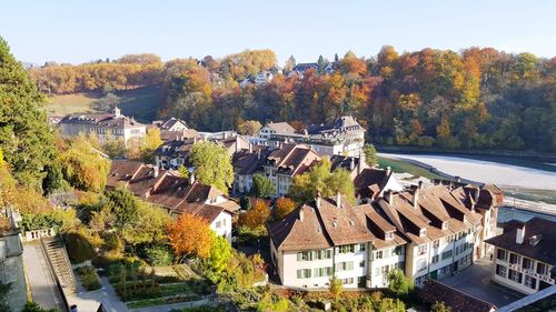 High angle view of townscape against sky during autumn