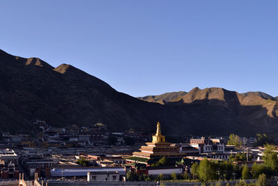 Panoramic view of buildings in city against clear sky