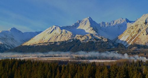 Panoramic view of snowcapped mountains against sky