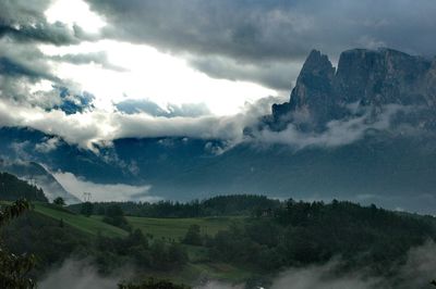 Scenic view of mountains against cloudy sky