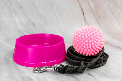 Bowl for pet and leashes with collars