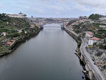 High angle view of bridge over river amidst buildings in city