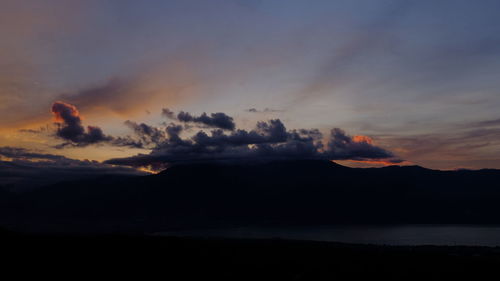 Scenic view of silhouette mountain against dramatic sky