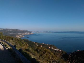 Scenic view of sea against clear blue sky