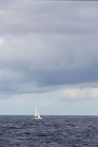 Sailboat sailing on sea against sky