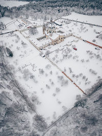 High angle view of snow covered field