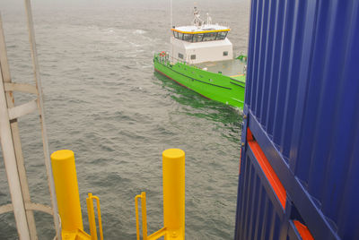 Wind farm offshore energy wind turbine construction on the north sea