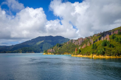 Scenic view of lake by mountains against sky