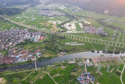 High angle view of soccer field in city