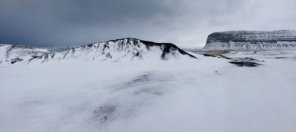 Scenic view of frozen mountain against sky