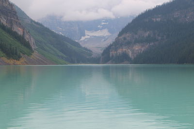 View of lake louise, ab, canada. glacier fed lake with natural green/blue water appearance.