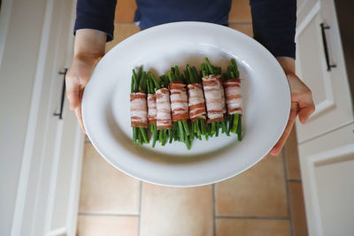 High angle view of food served in plate