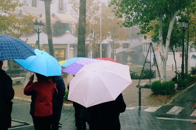 Woman with umbrella walking in rain during rainy season