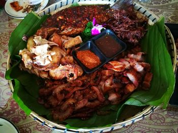 High angle view of meat in plate