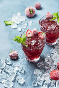 High angle view of strawberries on table