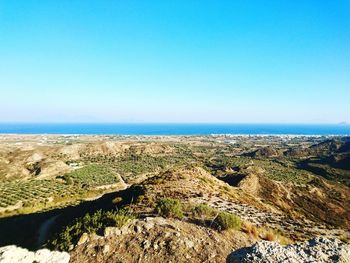 Scenic view of calm sea against clear blue sky