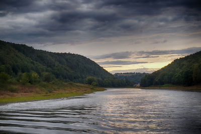 Scenic view of lake against sky during sunset