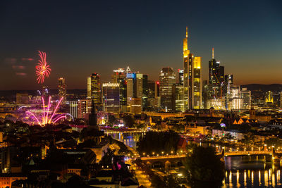 Fireworks mainfest frankfurt in front of illuminated city skyline