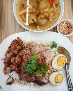 High angle view of breakfast served on table