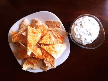 High angle view of breakfast on table