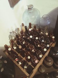 High angle view of wine bottles on table