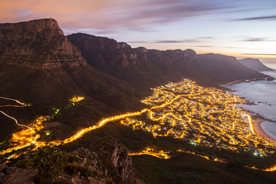 High angle shot of illuminated town