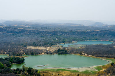High angle view of lake against sky