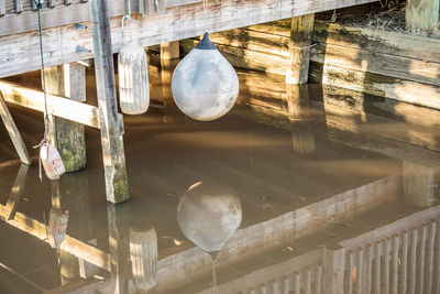 High angle view of old light bulb hanging from ceiling