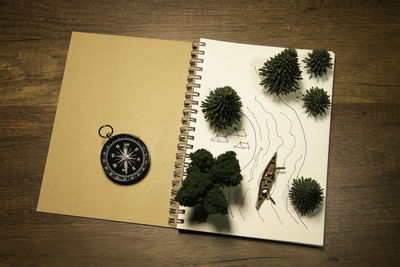 High angle view of open book on table