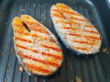 High angle view of fish on table