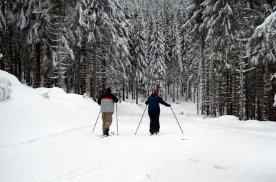 Rear view of people walking on snow covered land