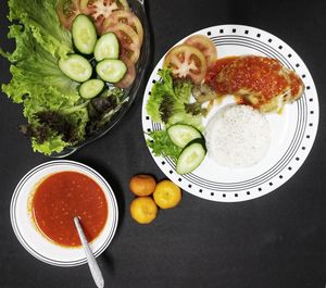 High angle view of breakfast served on table