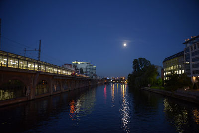 Illuminated bridge over river in city at night