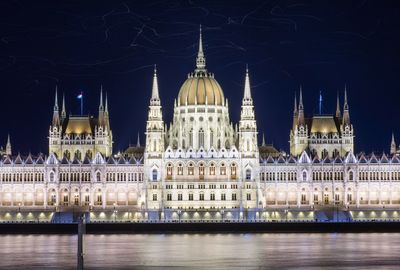 Illuminated hungarian parliament building by river against sky at night