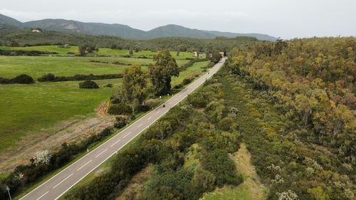 High angle view of agricultural field against sky